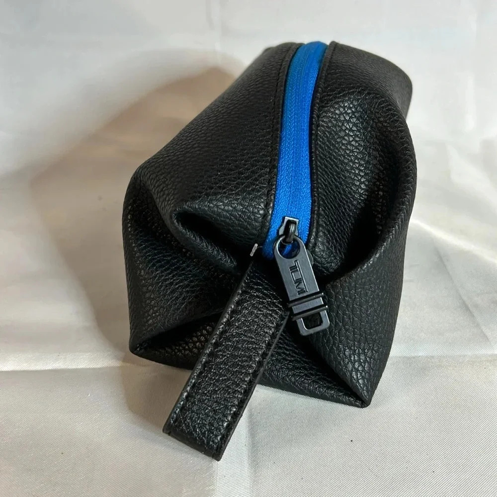 TUMI Zippered Travel Pouch.  Black/Blue.  Black Pebbled Leather.  NWOT - Picture 2 of 9
